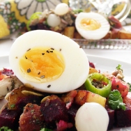 Beetroot and Mackerel Salad, with boiled eggs, bacon, sautéed potatoes and marjoram
