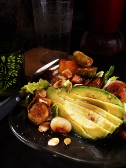 Avocado and Candied Bacon Warm Salad, with roasted Brussels sprouts, swede and almonds