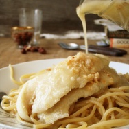 Poached Fish and Roasted Hazelnuts, with a butter sauce and spaghetti